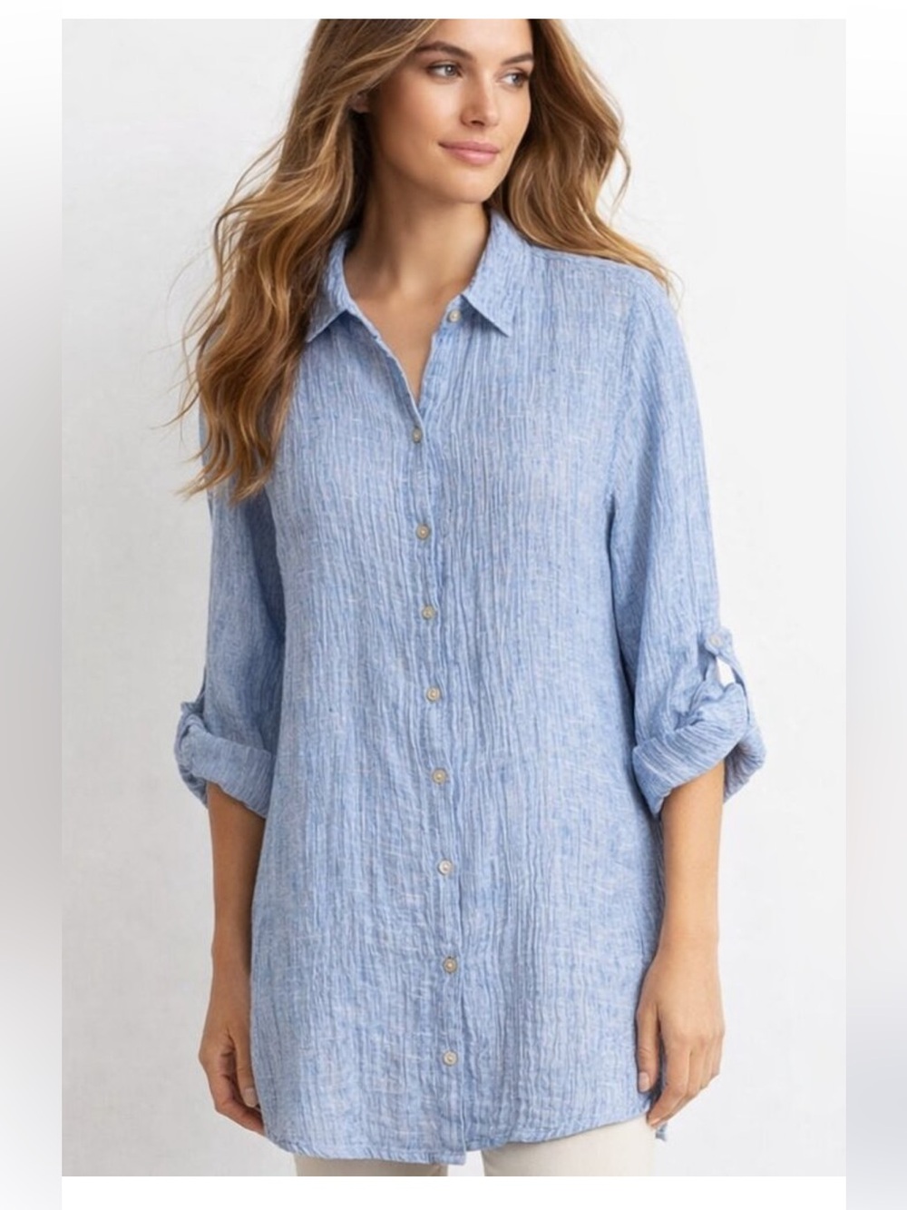 Tabari Blue Textured  100% Linen Button-Down Tunic Top SZ M